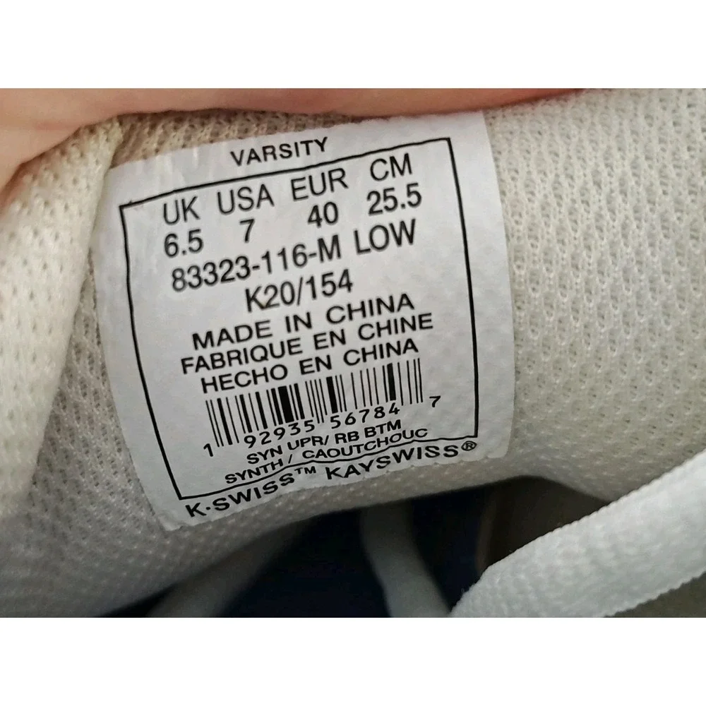 K Swiss Varsity Low Top White Athletic Sneaker Shoes Men's US Size 7 83323-116-M